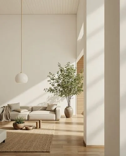 A tranquil living room bathed in natural light, with minimalist furniture, soft beige walls, a large potted olive tree, and textured rugs that evoke calm and simplicity.,a minimalist living room with 