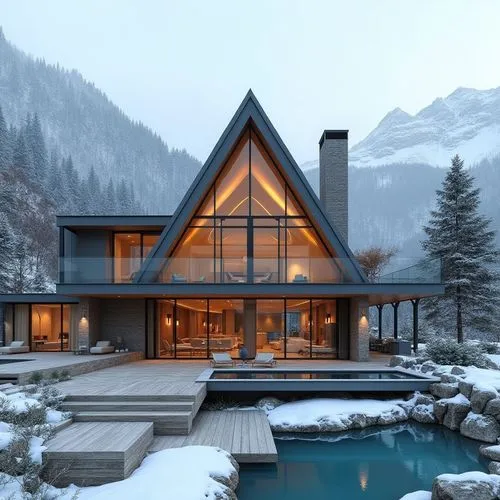 A hyper-realistic, high-resolution architectural photograph of a luxurious, alpine-style modern villa nestled in a mountainous landscape. The home features a prominent A-frame roof and is constructed