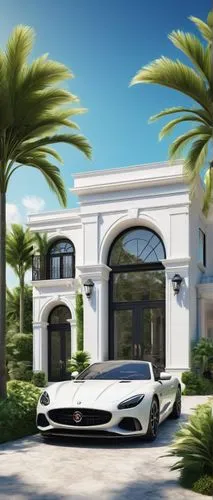 Luxurious modern villa, Mediterranean style, white marble exterior, large arched windows, grand entrance with double doors, elegant fountain, lush greenery, tropical plants, private driveway, sleek bl