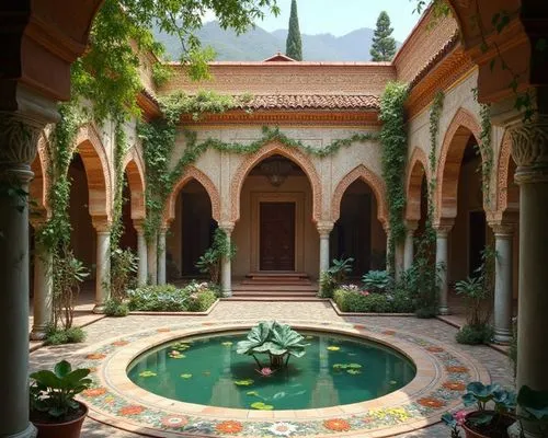 a picturesque scene with lotus flowers and vines,a pond and several pots with water lilies,inside courtyard,courtyards,water palace,courtyard,garden of the fountain,monastery garden,patio,floor founta