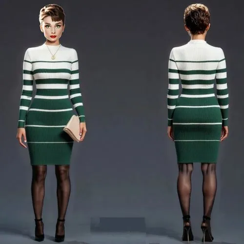 REPLACE THE SELECTED PART FOR A BLACK HIGH HEEL .,woman in green and white striped dress, black stockings and heels,model years 1958 to 1967,female model,bonelli editore,julia kendall