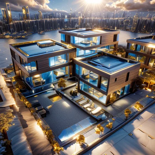 this is an aerial view of a futuristic property,new housing development,lofts,render,townhouses,apartment complex,redevelop,modern house,condos,prefabs,penthouses,residential,luxury home,modern archit