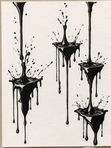 pencil drawing of 


BATMAN

, 
,three black, dripping images on white paper,drips,inkblots,ink painting,drippings,oil stain,spilling