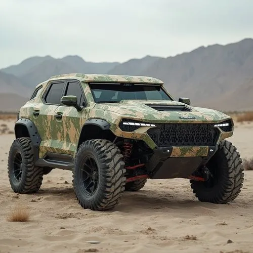A hybrid electric off-road vehicle designed for extreme environments. The exterior features a heavily armored body with a camouflaged matte green and sand-colored finish, designed to blend into its su