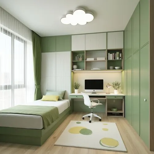 A modern and minimalist bedroom and study area designed with a soft green and white color palette, featuring built-in furniture with clean lines and functional design, the left side includes a platfor