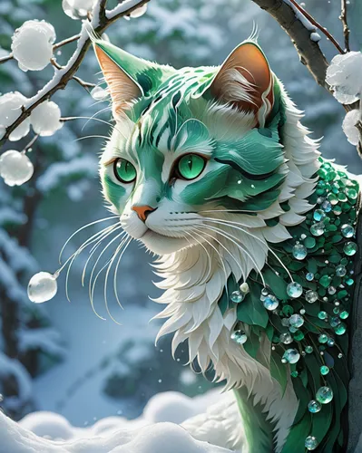 A cat with soft jade green eyes, its lithe form captured in a series of energetic sketches against a pristine snow-white backdrop, the lines flowing with Studio Ghibli-esque elegance, accented by crys