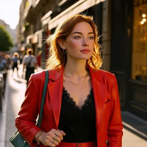 Alter the blazer to a bright red leather jacket, and make the shirt a black lace - trimmed top, maintaining the street - scene background.,an image of a woman that is standing by the street,woman walk