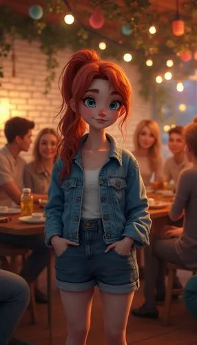 /imagine A realistic and lively full-body portrait of a young female  with bright blue eyes, long red hair styled in a casual ponytail, and fair skin with subtle freckles. She wears a relaxed yet tren