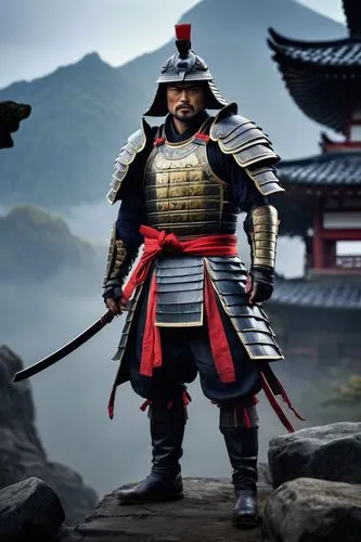 Karl Urban, Kanō-inspired, Japanese-style armor, muscular man, brooding facial expression, intense gaze, dark eyebrows, short black hair, stubble beard, intricately designed chest plate, samurai-inspi