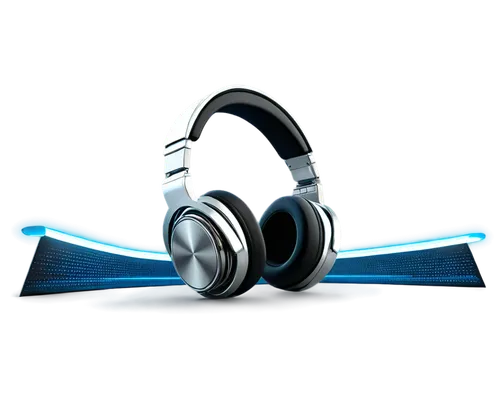 Audio equipment, sound waves, futuristic design, metallic surface, neon lights, knobs and buttons, silver headphones, 3D model, low-angle shot, dramatic lighting, high-tech ambiance, sleek lines, refl