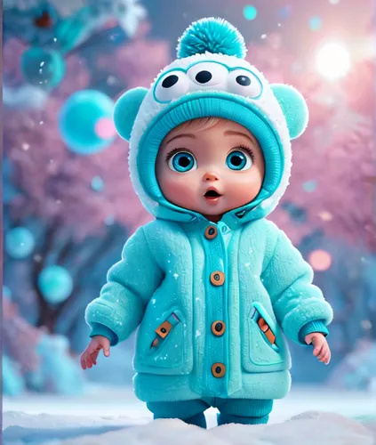 snowing winter, super cute baby pixar style Alive Coat, big bright eyes, wearing a woolly cyan hat, delicate and fine, high detailed, bright color, natural light, simple background, octane render, ult