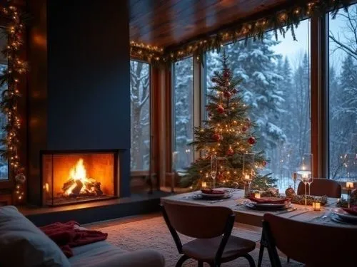 the christmas tree is set for dining in front of the fireplace,christmas fireplace,winter window,christmas room,christmas landscape,warm and cozy,coziness,christmas scene,fire place,winter house,chris