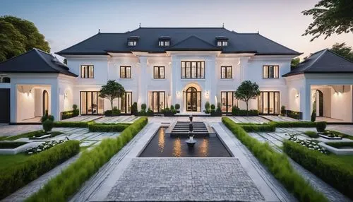 Modern villa, luxurious exterior, grand entrance, large windows, sliding glass doors, white walls, dark grey roof, elegant columns, symmetrical facade, lush greenery, manicured lawn, cobblestone pathw