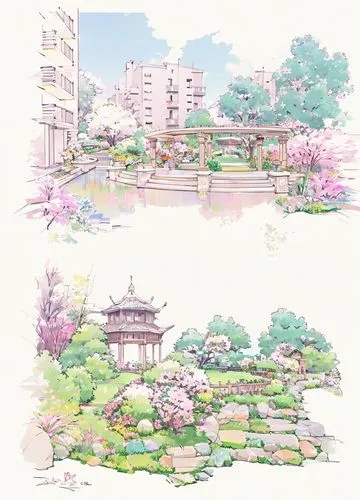 sake gardens,sakura trees,japanese floral background,backgrounds,japan garden,japanese garden,watercolor background,landscape background,japanese sakura background,japanese garden ornament,gardens,gar