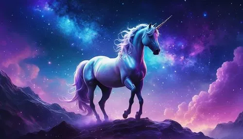 Galaxy unicorn background, majestic, magical, shimmering stars, nebula clouds, purple blue gradient, sparkles, glittering dust, soft focus, bokeh lights, fantasy atmosphere, 3/4 composition, low angle