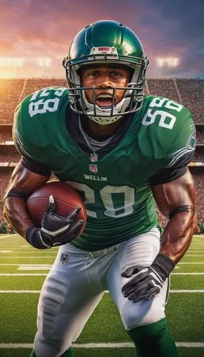 NFL football player, dynamic action pose, muscular arms, strong facial expression, American football uniform, helmet, shoulder pads, gloves, athletic build, stadium, green grass, goalpost, cheering cr