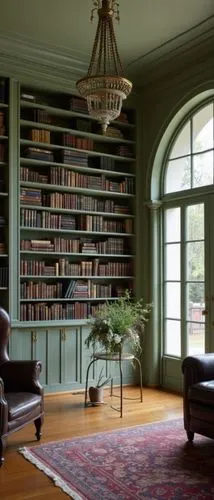 A refined and traditional indoor space, featuring an expansive bookshelf painted in soft sage green, perfectly harmonized with warm wooden floors. The design incorporates classic details like arched w