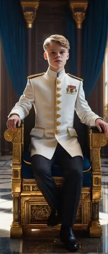 Prince Tommen, handsome young man, royal attire, white shirt, black trousers, golden crown, blue eyes, soft facial features, gentle smile, standing, grand throne room, luxurious curtains, marble floor