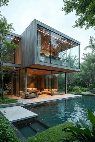 A cutting-edge villa designed as a series of interconnected glass cubes, surrounded by expansive gardens and open-air living rooms. The glass walls provide a sense of transparency, allowing nature to