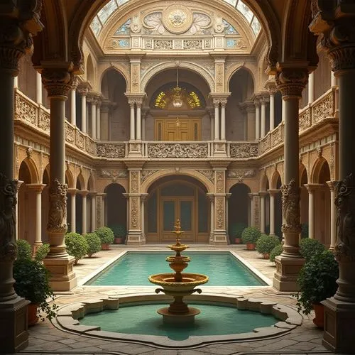 Grandiose palace, opulent ornamentation, intricately carved stonework, lavish fountains, majestic columns, ornate balconies, delicate filigree, vibrant stained glass, sparkling chandeliers, regal entr