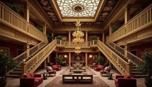 Richly ornate cultural center, golden accents, intricate stucco details, lavish furnishings, opulent chandeliers, grandiose staircases, velvet drapes, majestic archways, gilded mirrors, ornamental fre