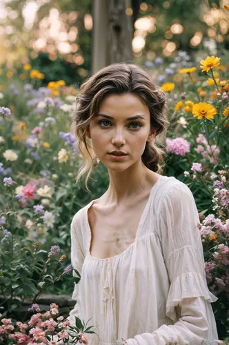 a woman in white dress standing near flowers,girl in flowers,girl in the garden,beautiful girl with flowers,margairaz,fleur,wildflower,daisies,daisy 2,vasilisa,flora,lughnasa,galadriel,daisy 1,floral,