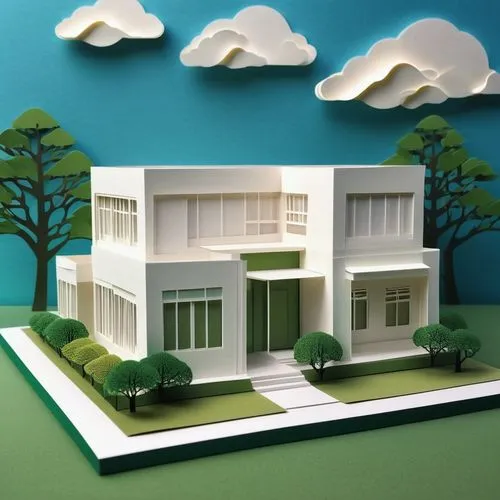 Simple modern villa, white walls, large windows, flat roof, minimal decorations, green lawn, few trees, sunny day, blue sky with few clouds, soft warm lighting, 3/4 composition, slight angle shot, cle