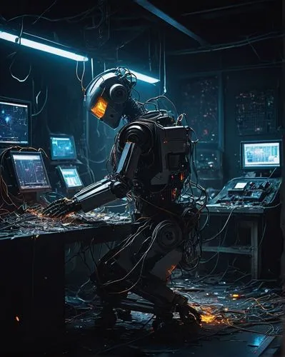 AI robot, futuristic laboratory, broken machinery, wires scattered, destroyed screens, neon lights flickering, dark background, abandoned research facility, sci-fi atmosphere, high-tech equipment, sha