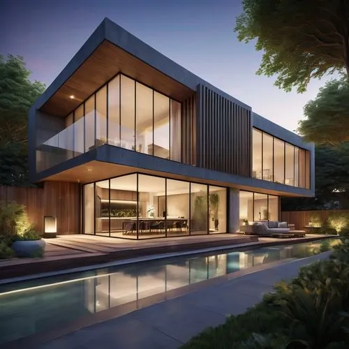  A sleek, photorealistic digital illustration or CGI render in a modern, minimalist style, depicting a two-story luxury home at dusk or early evening in a suburban neighborhood, illuminated by warm, g