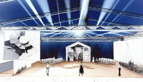 two men walking in a hall in front of a curtain,stage design,theater stage