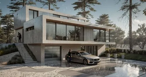 a modern house with two people standing outside,modern house,dunes house,cubic house,residential house,luxury property,modern architecture,forest house,driveways,luxury home,renders,folding roof,house