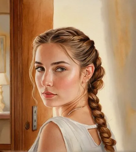 An illustration of a beautiful caucasian young woman with long brown hair and a braid, 21 years old, dressed in a white minidress with neckline, standing on her back with her head tilted backward, gaz