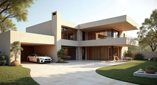 A photorealistic rendering of a luxurious and futuristic residential villa with an area of ​​approximately 230 square meters. The residence is constructed entirely of hempcrete and features a smooth, 