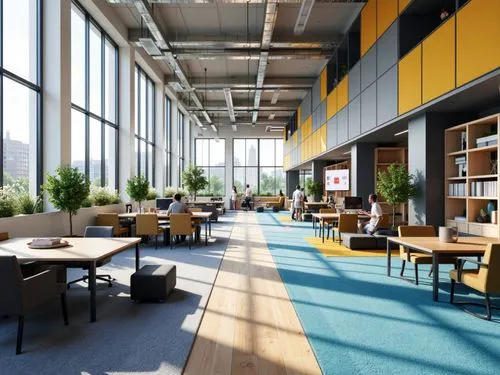 Modern office interior, open-plan layout, collaborative workspaces, minimalist desks, ergonomic chairs, acoustic panels, floor-to-ceiling windows, natural light, airy atmosphere, functional storage un