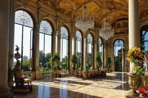 French Renaissance palace, grandiose, luxurious, ornate decorations, intricate stone carvings, symmetrical facade, tall windows with balconies, domed roof, slate tiles, grand staircase, marble floors,