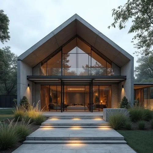 A hyper-realistic, high-resolution architectural photograph of a contemporary, two-story luxury home featuring a prominent A-frame roofline and a striking, double-height glass façade. The exterior wal