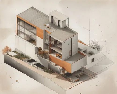 a drawing of a house with trees around it,house drawing,corbu,seidler,isometric,neutra,mid century house,architect plan,renders,house floorplan,modern house,3d rendering,archigram,eichler,lasdun,vivie