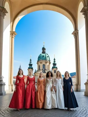 5 women in front of a baroque cathedral church in southern Germany, based on plans from 1739 by the Munich architect Johann Michael Fischer for the former Benedictine Abbey of Zwiefalten.,four women w