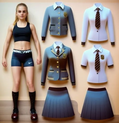 Paper doll  british schoolgirl in black t shirt ,black nike pro spandex shorts with black long sock and black shoe standing surrounded by with a set of British  school uniform, white dress shirt, blac