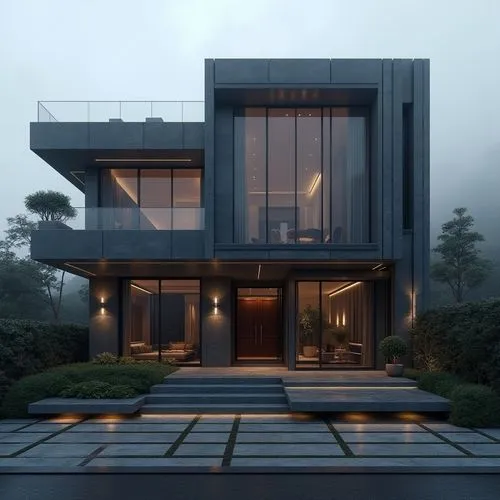  A luxurious, ultra-modern, three-story mansion with a sleek, dark gray marble facade and prominent vertical columns, situated in a refined, upscale residential setting. The exterior features large fl