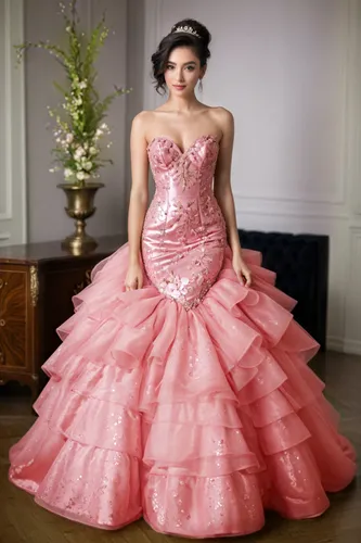 just increase image quality--nothing else,a woman in a pink gown with a tiered ruffled overskirt,ball gown,crinoline,ballgown,bridal gown,ballgowns,siriano