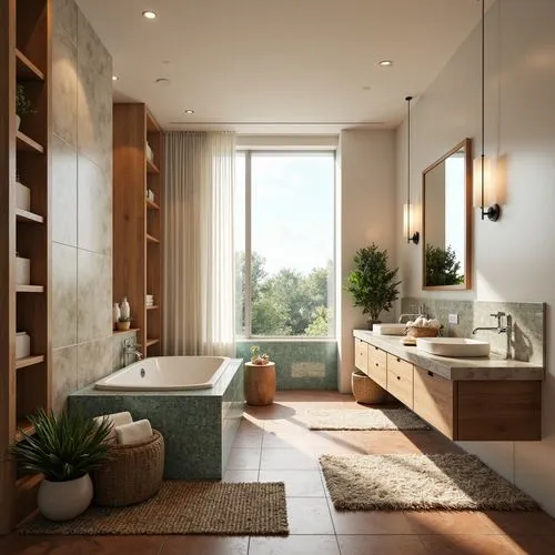 Calming bathroom ambiance, soft warm lighting, creamy white walls, rich wood accents, elegant marble countertops, chrome fixtures, spa-inspired atmosphere, ocean-blue glass tiles, earthy terracotta fl