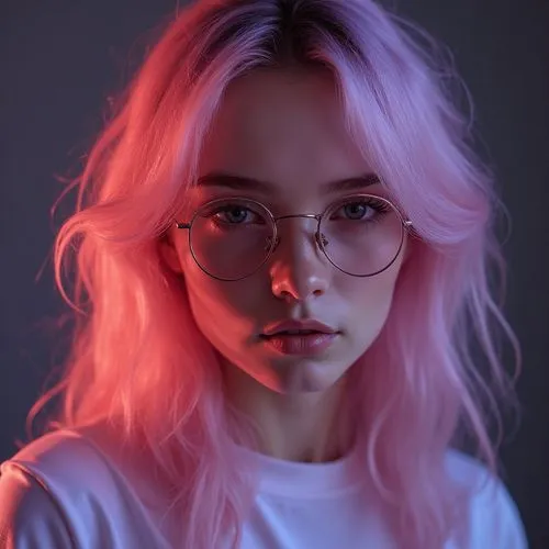 (((ultra realistic))) Photo, masterpiece, top quality, (pale skin), (Ultra detailed face and eyes:1.3), 1 girl, , in a T-shirt, ((Eye makeup, eyeglasses, pink mascara)), ((smile)), ((large detailed li