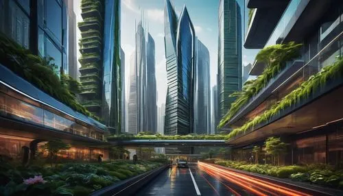 Modern futuristic zoning architecture design, sleek metallic skyscraper, complex geometric shapes, neon lights illuminating the building's edges, vibrant cityscape background, bustling streets, pedest