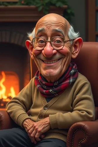 An elderly African-American man with a kind smile, sitting in a cozy armchair by a fireplace. He has a bald head, deep laugh lines, and a pair of gold-rimmed reading glasses perched on his nose. Dress