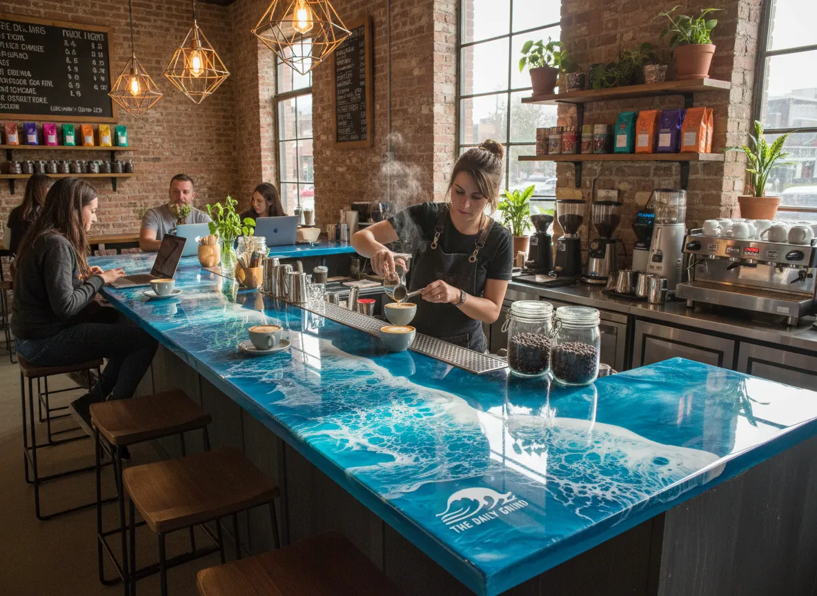 Ein KI-generiertes Lifestyle-Foto eines individuellen Epoxidharz-Bartresens in einem trendigen kommerziellen Café, das seine Verwendung in einer realen Umgebung demonstriert.