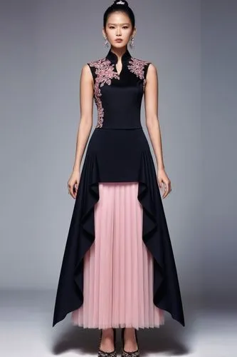matte material sleevless qipao pink and black  top, maxi pleated skirt,  boors,a woman in a black pink gown ,dress walk black,a floor-length dress,allude,refashioned,fashion vector,women fashion,eveni