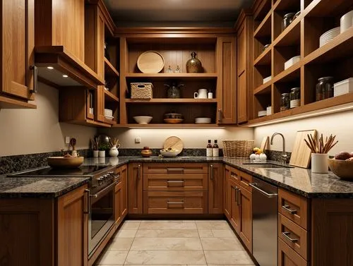 Cozy pantry interior, warm wood tones, rustic cabinetry, farmhouse-style shelving, granite countertops, polished chrome fixtures, soft ambient lighting, earthy color palette, natural stone flooring, w