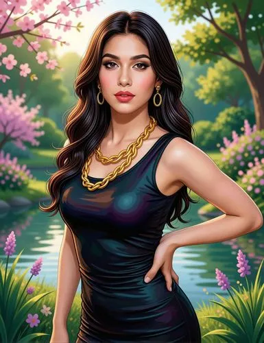Change the subject in the image to have a wavy hairstyle with straight sections. Ensure the subject wears natural, dewy makeup with pale red lips and apply soft lighting. Place the subject in a serene