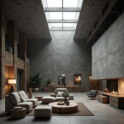 Rough-hewn concrete walls, industrial metal beams, minimalist decor, brutalist architecture, low-lit ambiance, dramatic shadows, weathered wood accents, geometric-shaped furniture, chunky textures, mo